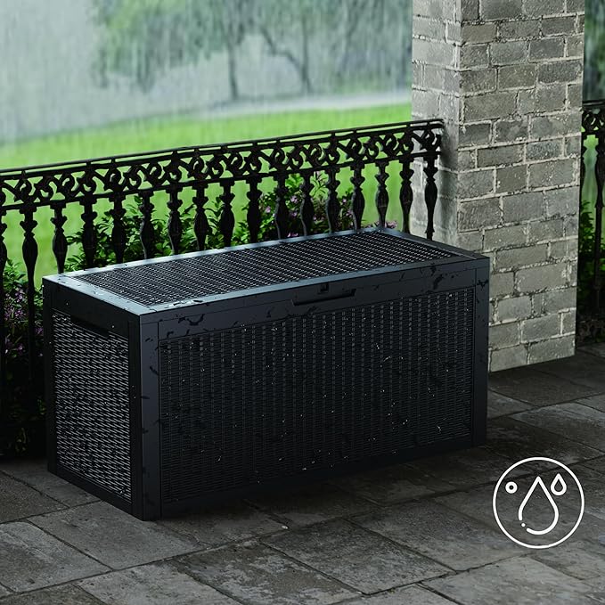 100GAL Black Wicker - Textured Outdoor Deck Box with Lock - Waterproof, SGS - Approved UV Resistance, Stylish Storage Solution for Patio Furniture and Outdoor Toys, Quick Assembly