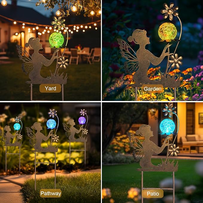 HONGLAND Fairy Garden Accesorries Solar Lights Garden Decor for Outside, Fairy Figurine Moon Lights Stake Housewarming Gifts for Patio Lawn Yard Pathway- Unique Gardening Gifts for Women Mom Grandma