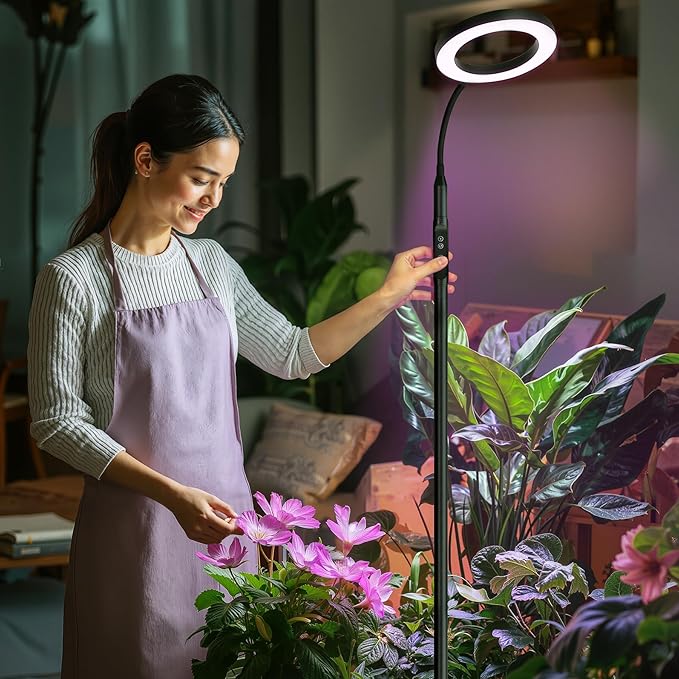 20W Indoor Plant Grow Light with Embedded Controller, Red Blue Warm Full Spectrum 95 LED Bulbs, Adjustable Height,Auto Timer,Dimmable Halo Growing Stand Lmap for Tall Large Small Plant Growth