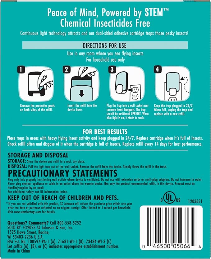 STEM Light Trap Refill Cartridges, Indoor Fruit Fly Trap, Effective Insect Control for Home, Attracts and Traps Flying Insects, Compatible with STEM Light Trap, 4 Count