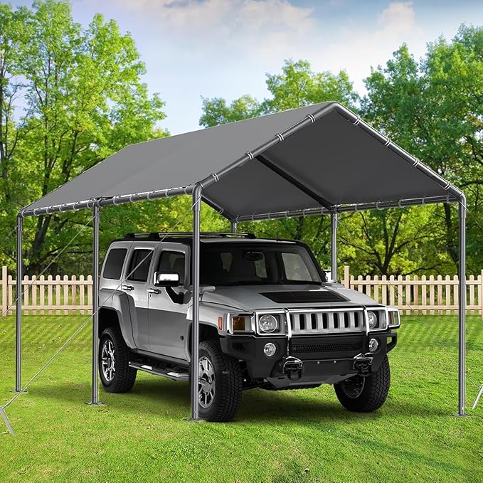 Carport, 10x20ft Heavy Duty Portable Garage, Car Port with Storage Shed, Car Canopy Car Tent with Steel Frame All-Season Tarp for Car, Truck, Boat, Party, Grey