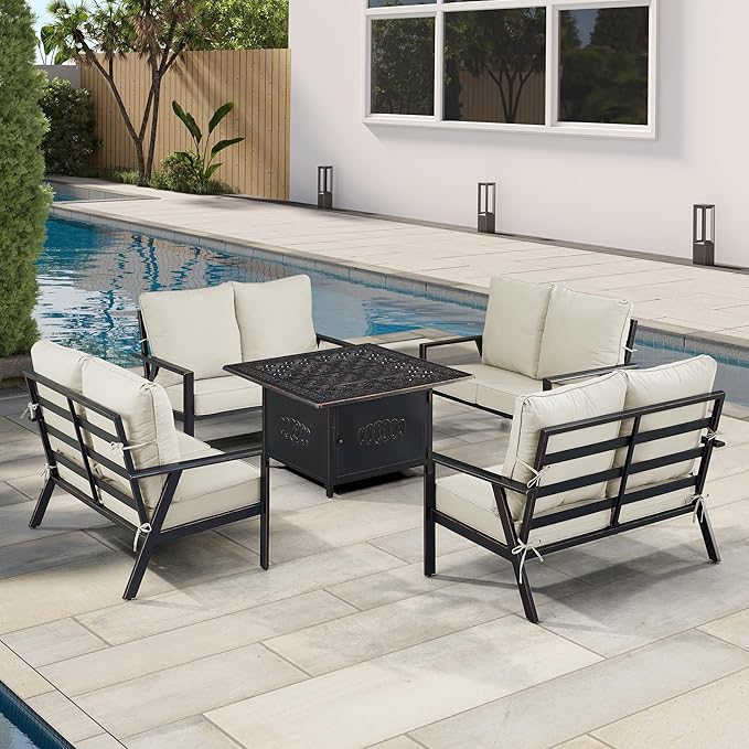 Oakland Living Black Aluminum Patio Fire Table Set with Four Deep Seating Loveseats with Cushions with Light Grey Cushions
