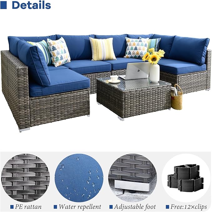 HOOOWOOO 8 Piece Patio Sectional Furniture Set with Swivel Rocking Chairs,Modern Wicker Outdoor Conversation Sofa Sets,Weather Resistant Modular L Shaped Outside Couch Set(Navy Blue)