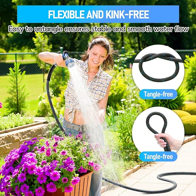 Garden Hose 50ft, 3-Layer Flexible Water Hose with 8 Pattern Spray Nozzle, Non-Expanding & Lightweight Stainless Steel Hose for Yard, Lawn, Outdoor-Leak Proof, No-kink & Tangle-free