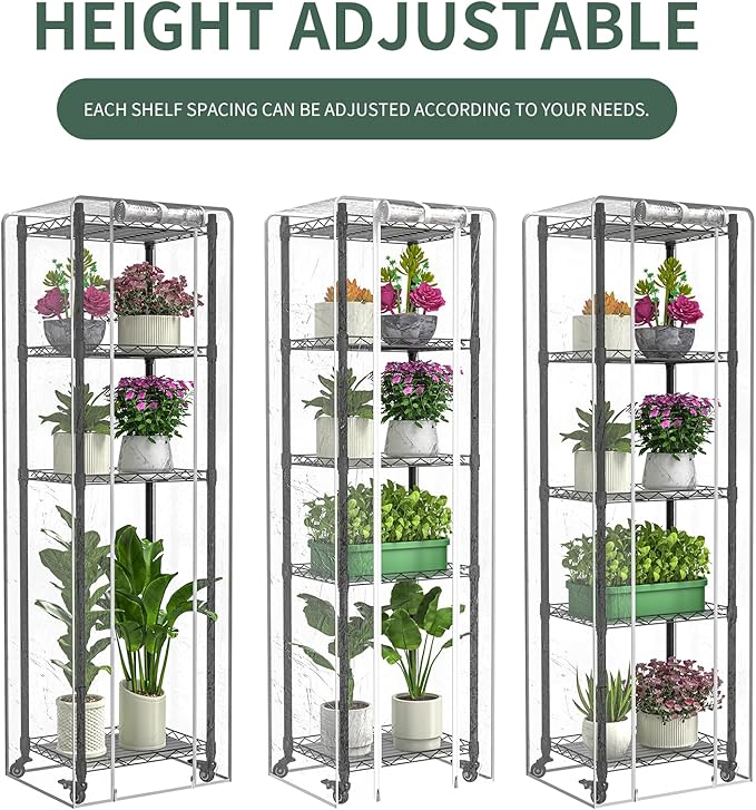 Indoor Greenhouse with Grow Lights,with 40W Full Spectrum Growing Lamps for Seed Starting, 5 Tier 15.7" L×11.8" W×62.3" H Mini Greenhouse，Grow Light Shelf with Tent and Thermometer