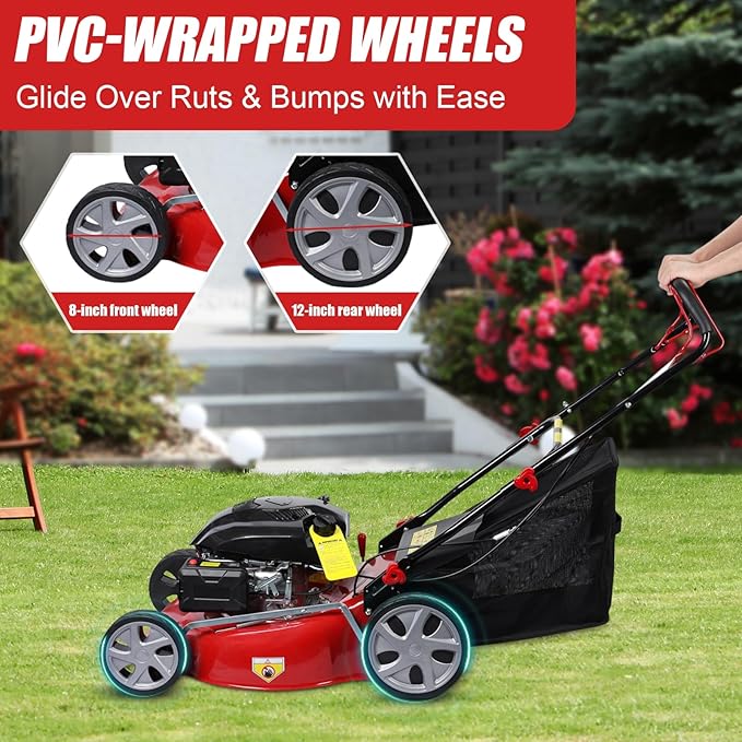 Self Propelled Gas Lawn Mower, 141cc Gas Engine Walk-BehindLawn Mower Cordless Walk-Behind Lawns Mowers with 20 Inches Blade 50L Grass Tank Big Wheels Red