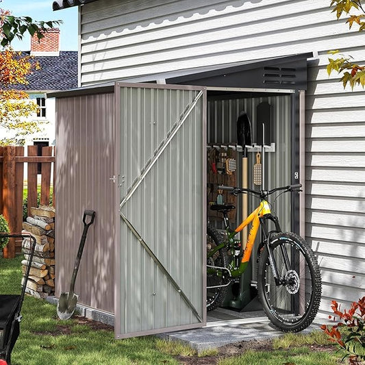 Aoxun 4x6 FT Lean to Shed Garden Metal Storage Shed with Lockable Doors Outdoor Bike Shed for Backyard, Patio, Poolside (Brown)