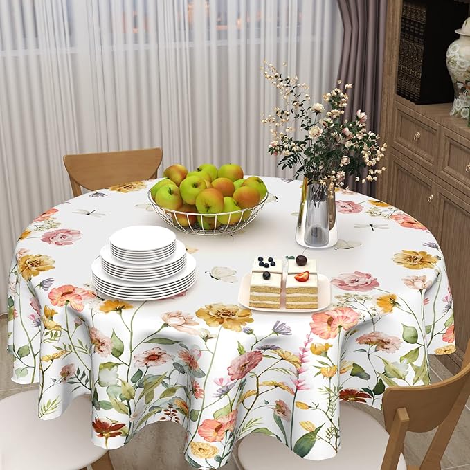 Summer Wildflower Round Tablecloth 60 Inch, Watercolor Floral Leaf Butterfly Table Cloth Rustic Vintage Farmhouse Polyester Cover for Dining Kitchen Room Outdoor Picnic Camping Party Holiday Decor