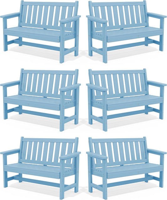 SERWALL Outdoor Bench, HDPE Outdoor Benches Weatherproof, 2-Person Garden Bench with 660 lbs Weight Capacity, Patio Benches for Outdoors, Garden, Porch, Backyard and Park, Light Blue, 6 Pack