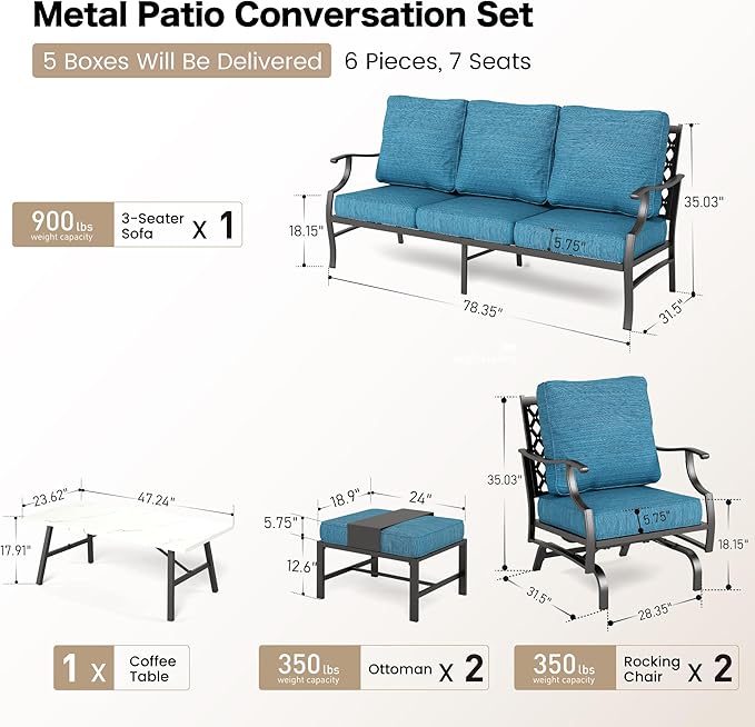 6 Piece Metal Outdoor Patio Furniture Set, Patio Conversation Sets 3-seater Sofa, 2 Swivel Chair, 2 Ottomans with 5.75" Thick Cushion and Coffee Table, Black Backyard Furniture, Blue-2