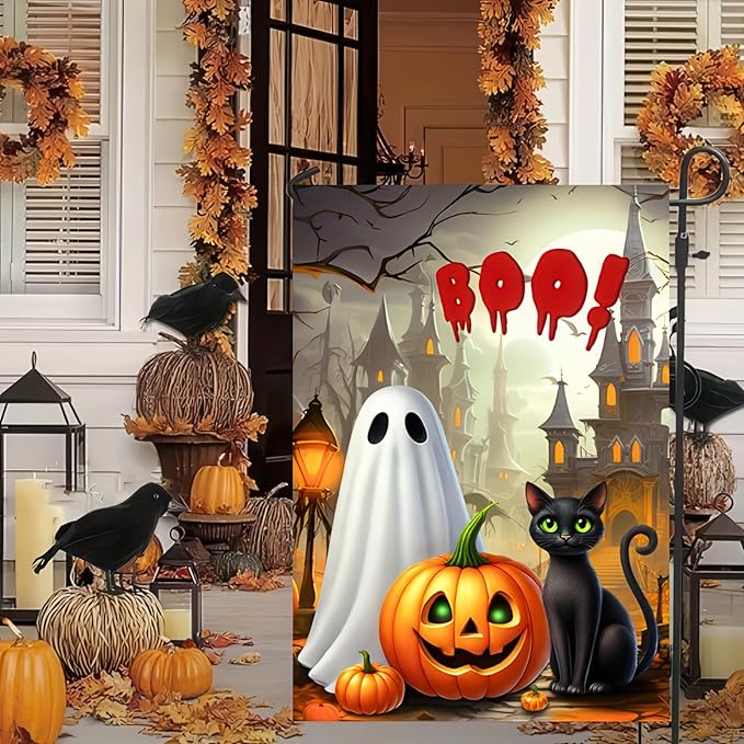 Halloween Welcome Garden Flag 12 x 18 Double Sided Decorations Black Cat BOO Spooky Ghost Pumpkin Garden Flag Holiday Yard Banner Indoor Outdoor House Décor Party
