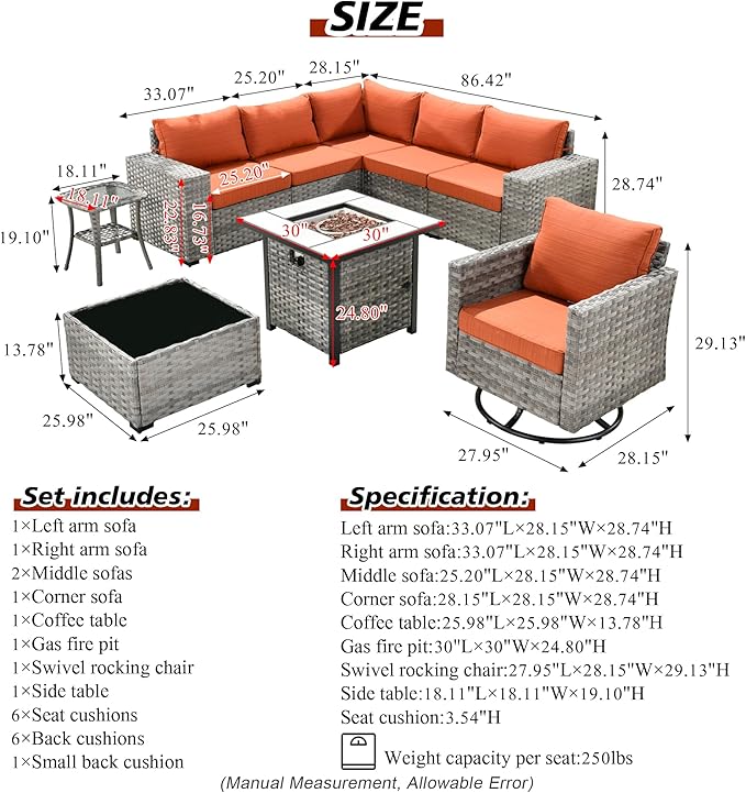 HOOOWOOO 9 Piece Modular Patio Outdoor Sectional Furniture Set with Gas Propane Fire Pit Table,Wicker Conversation Sofa Set with Swivel Chairs,Outside Couch Set(Orange Red)
