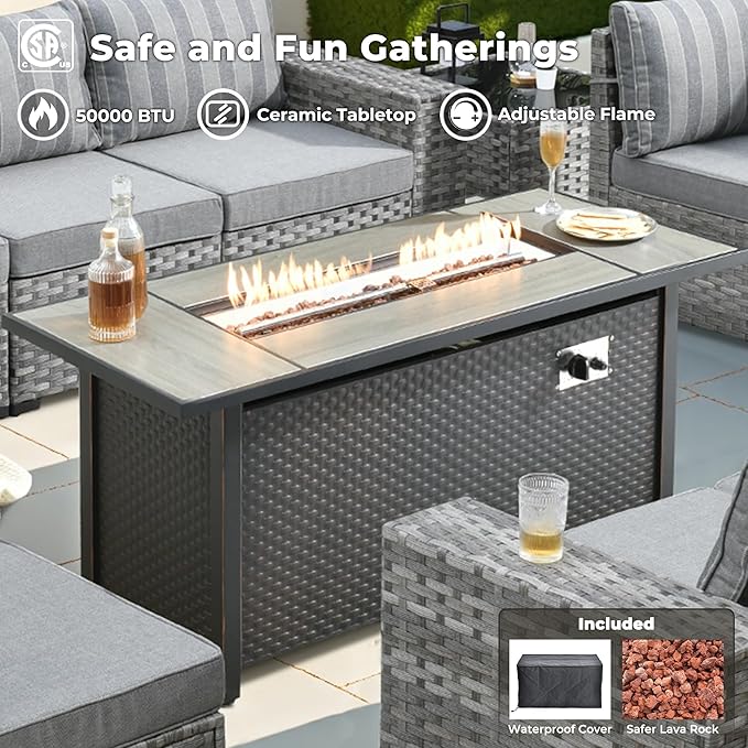 ovios 13 Pieces Patio Furniture Set, Outdoor Wicker Sectional Sofa with 54 Inch Fire Pit Table Comfy Cushions, Modern Modular Deep Seat Rattan Couch Conversation Set, Dark Gray Stripe