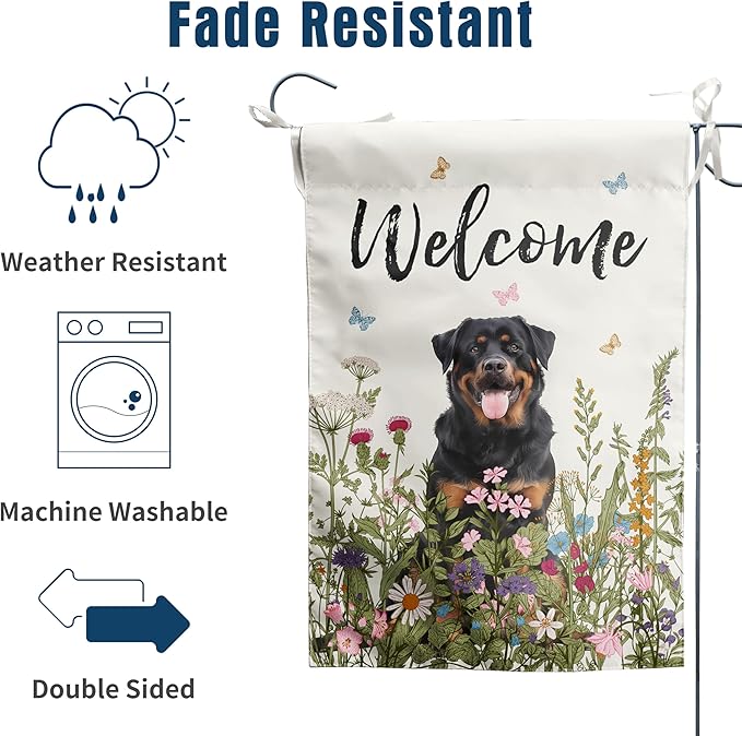 Spring Summer Garden Flag Floral Rottweiler Yard Flag Flower Dog Garden Flags for Outside Small Outdoor Welcome Flags 12x18 Double Sided