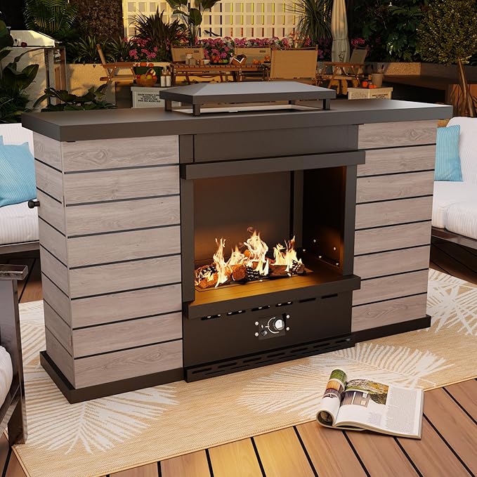 63.0''x37.6'' Outdoor Propane Fireplace, 50,000 BTU Vent-Free Gas Heater, CSA Certified Grey & Black Weather-Resistant Steel, Realistic Ceramic Logs, Rain Cover Included