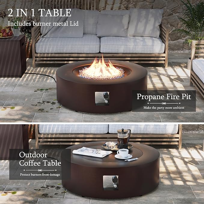 UPHA 42-inch Outdoor Propane Gas Fire Pit Table 50000 BTU Iron Round Firepit for Outside Patio with Tank Hidden Table, Removable Lid, Blue Glass Rocks, Rain Cover, Brown