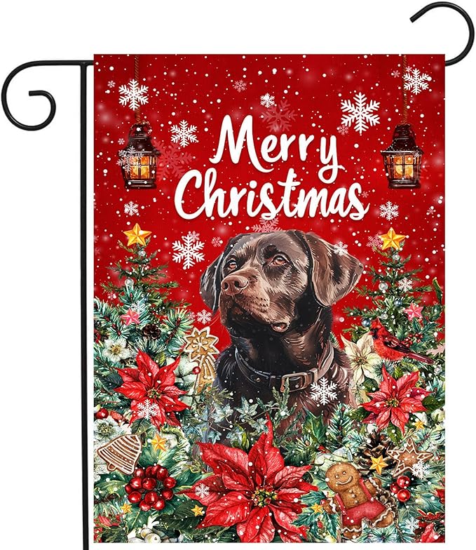 Christmas Chocolate Lab Garden Flag Merry Christmas Labrador Dog Yard Flag for Outside Xmas Flags 12x18 Double Sided Red Poinsettia Garden Flags Winter Porch Outdoor Decor