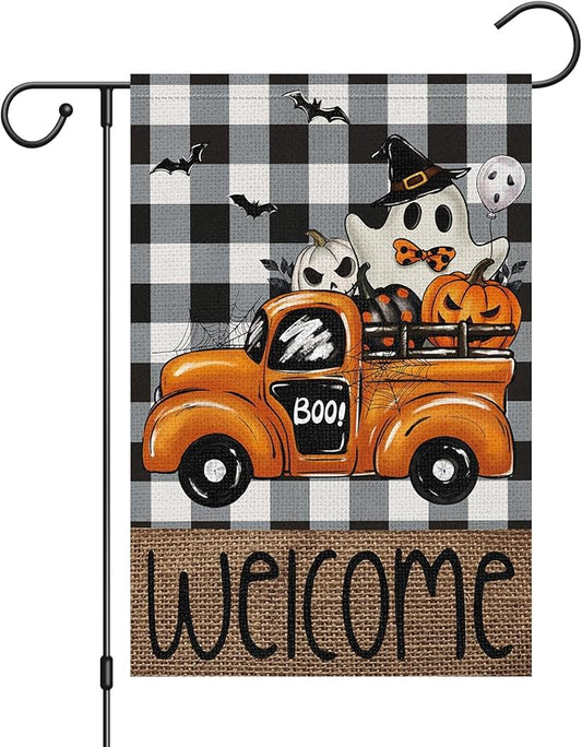 Welcome Halloween Garden Flag 12x18 Inch Double Sided for Outside，Buffalo Plaid Rustic Ghost Pumpkin Truck Flag Farmhouse Yard Outdoor Decoration