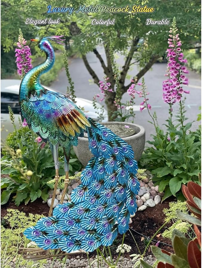 Haven Treasures Luxury 30.5 inches Outdoor Metallic Peacock Statute for Your Garden Decoration, Outdoor Yard Decor Sculpture, Home Décor