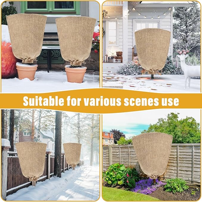 Riare 2 Packs 32 × 40 Inch Burlap Winter Plant Cover Bags with Drawstring- Reusable Large Burlap Sack Plant Frost Protector, Plant Frost Cloth Cold Tree Freeze Blanket for Outdoor Plants Shrubs Fruit