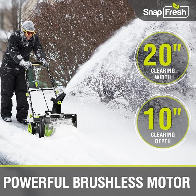 SnapFresh Electric Snow Blower Cordless - 2 x 20V 20 Inch Brushless Snow Blower with 5.0Ah Battery x 2 and Fast Charger, Built-in Dual LED Headlights