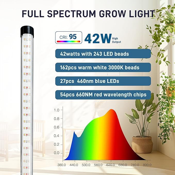 T8 LED Standing Grow Light for Indoor Plants with Timer, 42W Full Spectrum Plant Light with 243 LEDs, 4FT Height, Tripod Stand, Wide Coverage Floor Grow Lamp