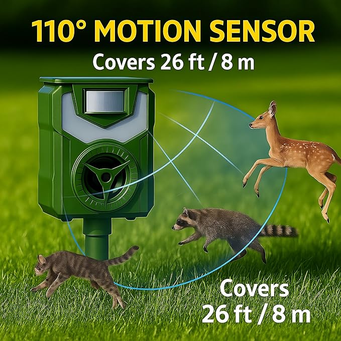 StepsGuard Solar Ultrasonic Animal Repeller – 110° PIR Motion Sensor, 5 Modes, IP44, LED Flash & 90 dB Alarm, Solar + USB-C Recharge | Repels Cats, Dogs, Deer, Squirrels, Raccoons & Birds | 1-Pack
