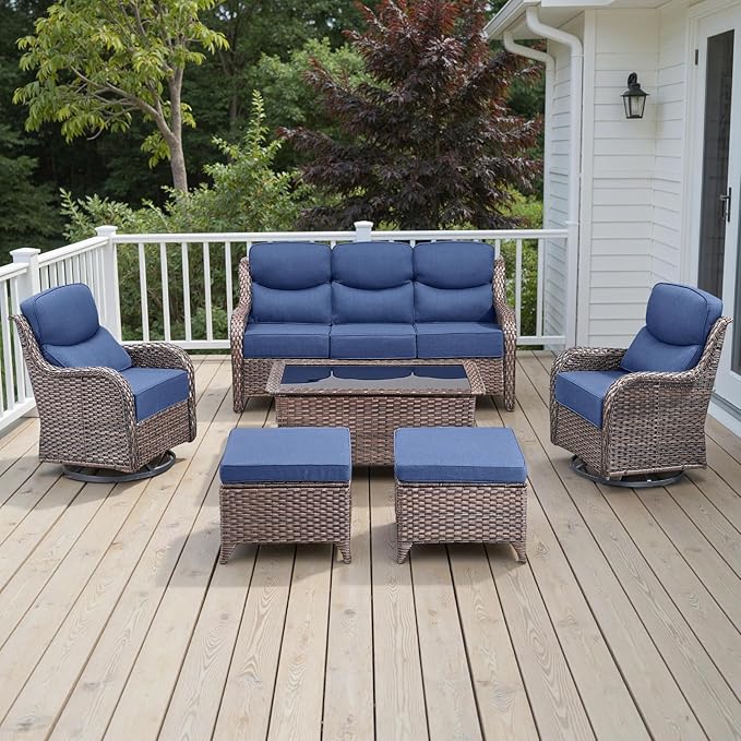 Wicker Outdoor Patio Furniture Set - 6 Piece Patio Conversation Sets with Swivel Rocker Chairs, Ottomans, Sofa and Coffee Table, 6 inch Cushions, Deep Seating, for Porch Deck Brown/Blue