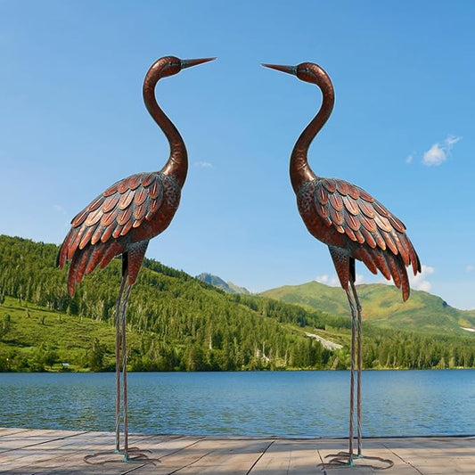 chisheen 2PCS Garden Crane Statues Outdoor Sculptures Metal Yard Art Statue for Garden Decoration Large Size Set of 2