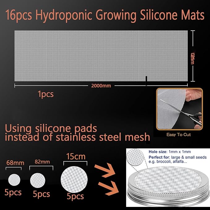 16pcs Germinating Growing Sheets,Hydroponic Growing Silicone Mats. Fit for Plant Germination Tray and Mesh Sprouting Trays,Trays NOT Included (8.26 * 78")