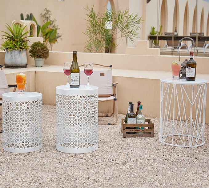 Y&M Set of 3 Heavy-Duty Round End Table, Side Table, Coffee Table for Indoor Multifunctional Use, Outdoor Decorative Garden Stool Plant Stand-White