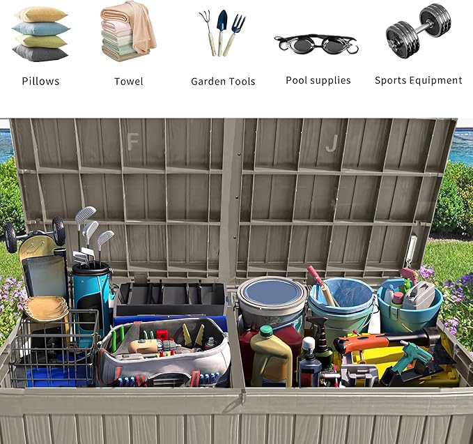 YITAHOME 150 Gallon Large Deck Box w/Divider, XL Waterproof Outdoor Storage for Patio Furniture,Outdoor Cushions, Garden Tools, Sports Equipment and Pool Supplies, Resin, Lockable, Taupe