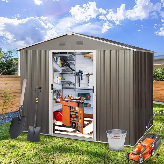 6x8 FT Outdoor Storage Shed, Metal Garden Shed with Frame Floor, Outside Tool Shed with Lockable Sliding Doors, Waterproof Storage Building with Sloped Roof for Backyard, Patio, Lawn, Gray