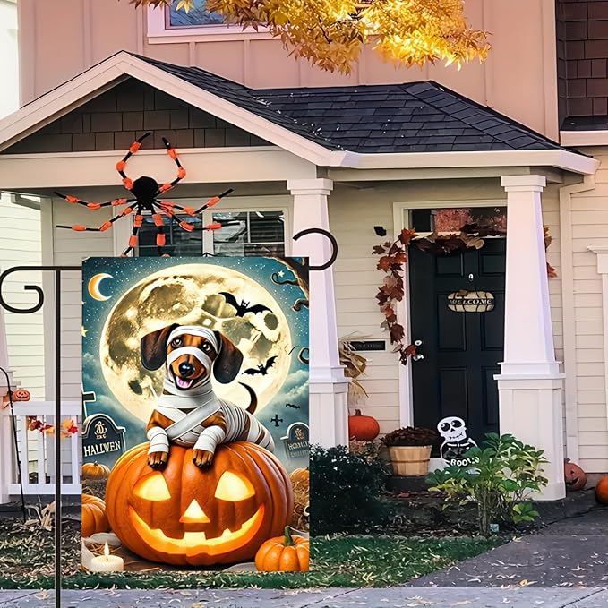Happy Halloween Garden Flags Ghost Dog Skeleton Dachshund Dog Small Yard Flag for Outdoor Decor 12x18 Inch Vertical Double Sided for Outside Decoration