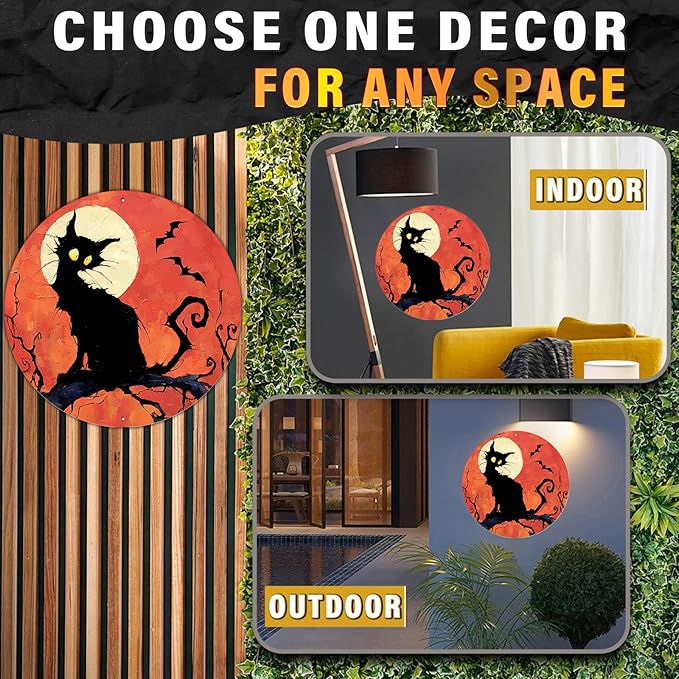PEACHGARDEN Vintage Halloween Black Cat Round Tin Sign Gothic Decor Wall Art Metal Plaque 12x12inch