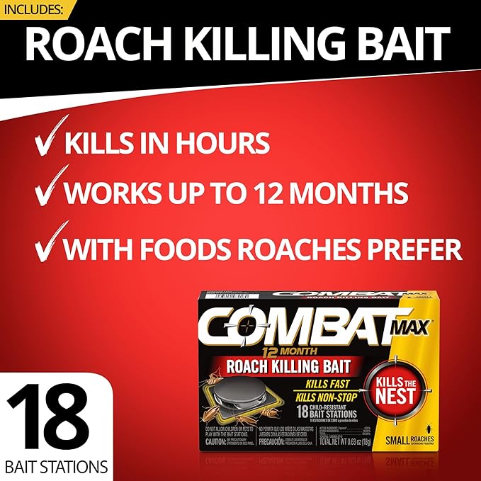 Combat Max 12 Month Roach Killing Bait, Small Roach Bait Station, Child-Resistant, 18 Count