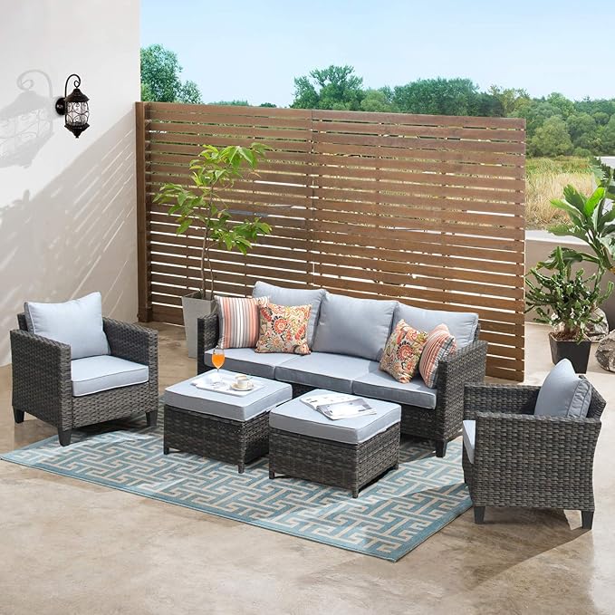 ovios Patio Furniture Set, 5 Pieces Outdoor Wicker Sofa Couch with Chairs, Ottomans and Comfy Cushions, All Weather High Back Rattan Conversation Set, Grey