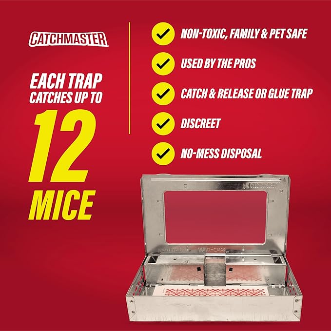 Catchmaster Pro Series Multi-Catch Mouse Trap 3-Pack, Humane Mouse Traps Indoor for Home, Includes Replaceable Glue Board, Pet Safe Pest Control, Live Catch for Garage & Shed