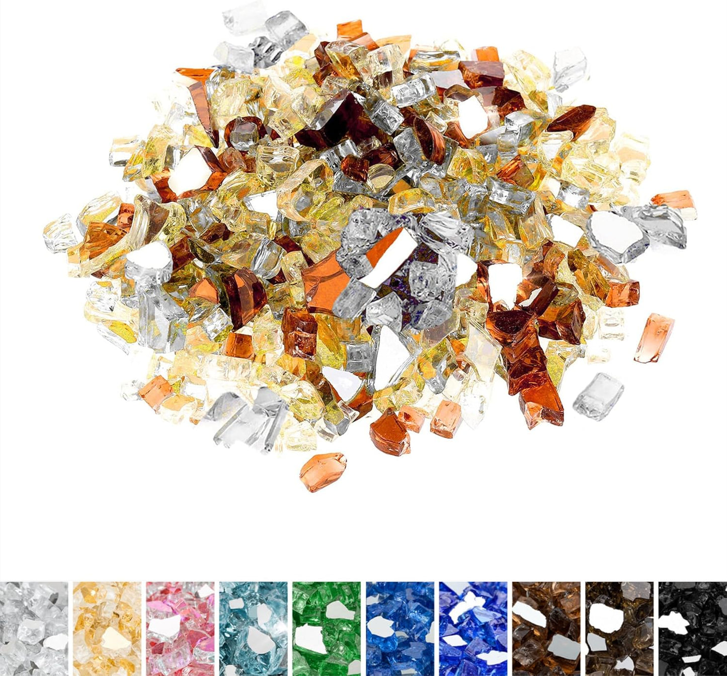 Mr. Fireglass Blended Reflective Fire Glass for Fire Pit Fireplace and Landscaping, 10 Pounds 1/4 Inch Mixed Colored High Luster Fire Rocks for Outdoor and Indoor Use Copper+Gold+Platinum