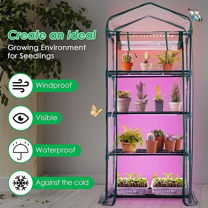Meonum Indoor Greenhouse with LED Grow Lights, 4 Tier Mini Greenhouse with Roll-Up Zipper PVC Waterproof Cover and Trays, Dimmable Plant Grow Light for Indoor Plant with Timer, 27 L X 19 W X 63 H