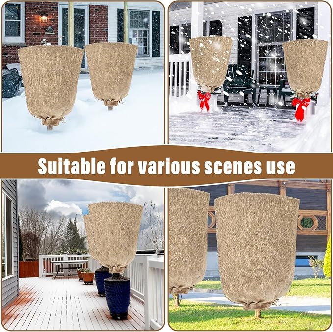Riare 2 Packs 40 × 47 Inch Burlap Winter Plant Cover Bags with Drawstring- Reusable Large Burlap Sack Plant Frost Protector, Plant Frost Cloth Cold Tree Freeze Blanket for Outdoor Plants Shrubs Fruit