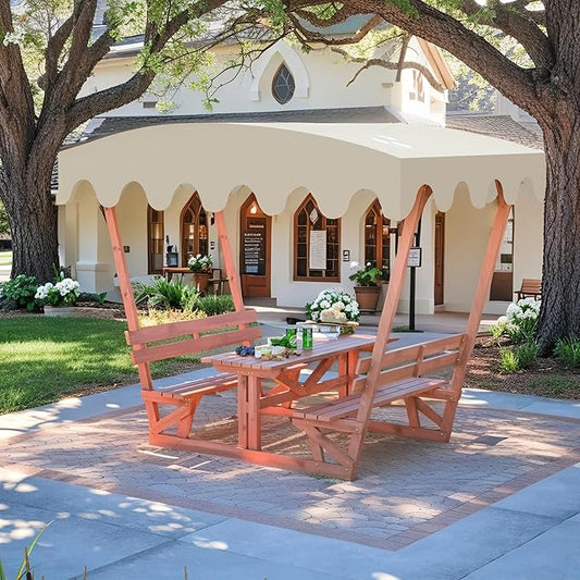 Outdoor Waterproof Solid Wood Picnic Table with Removable Canopy & Benches, Rectangle Tabletop, All-Weather for Patios, Gardens, Decks, Parks, Beaches