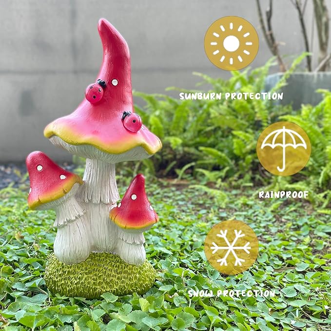 COWOS Solar Mushroom Garden Statue, Fairy Garden Accessories Outdoor Statues, Mushroom House Decor, 3 Mushrooms Head for Patio Yard Lawn Porch Outdoor Decor