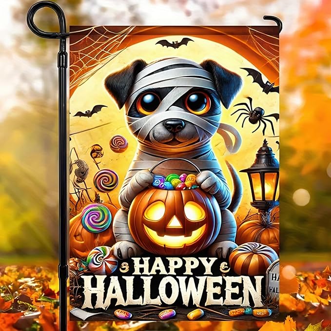 Happy Halloween Garden Flag 12x18 Double Sided Mummy Puppy Ghost Skeleton Dog Garden Flag Candy Trick or Treat Pumpkin Flag Halloween Decorations Banner Fall Décor Outdoor Lawn Yard Flag