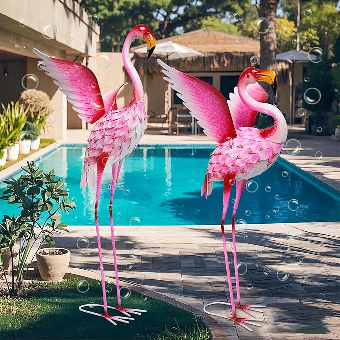 WONDER GARDEN Pink Flamingo Statue-Garden Statues for Outside - 2 Pack Flamingos Sculptures Statue, Metal Birds Yard Art for Pond, Patio, Outdoor, Porch Decor