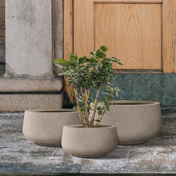 Kante 21.6",16.9",and 12.5" Dia Round Weathered Concrete Elegant Planters (Set of 3), Outdoor Indoor Garden Plant Pot with Drainage Hole and Rubber Plug for Home & Patio