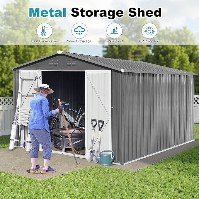10x12 FT Outdoor Storage Shed, Metal Tool Shed with Lockable Doors & Peaked Roof, Garden Shed with Vented Design for Backyard Garden Patio Lawn, Gray