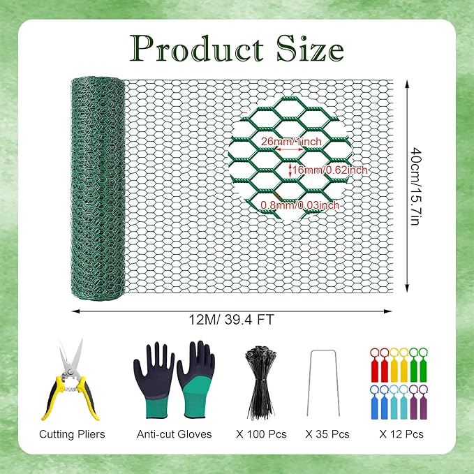 39.4ft x16In Plant Protectors from Animals, Plant Cages for Outdoor Plants, Wire Plant Protector Cage,Chicken Wire Cloche with Gloves, Plier, Ground Stakes & Nylon Ties Protect Plants from Animals ﻿