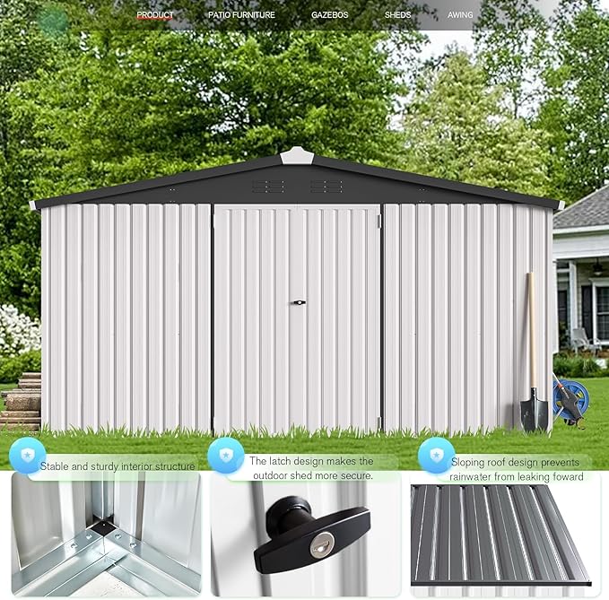AECOJOY 12' x 12' Outdoor Storage Shed, Large Metal Sheds & Outdoor Storage Clearance Steel Yard Shed with Lockable Doors, Utility and Tool Storage Garden Shed for Backyard, Patio and Outside
