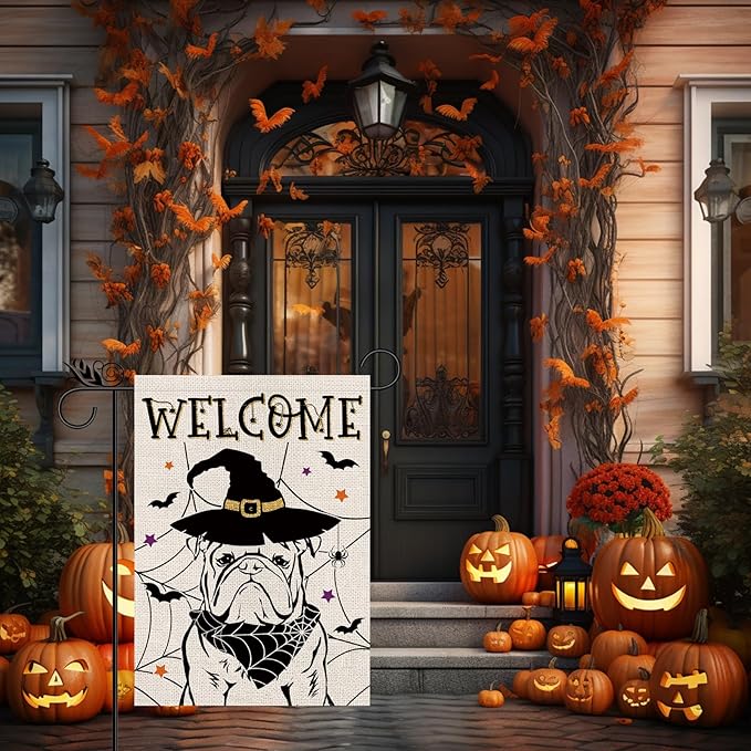 Halloween Garden Flag English Bulldog Cobweb Bats Double Sided Vertical Welcome Flag Holiday Outdoor Yard Lawn Decorations 12.5 x 18 Inch